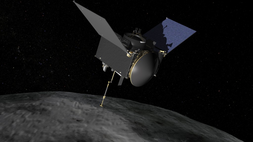 Concepção artística da sonda Osiris-Rex no asteroide Bennu, em 2019. (Crédito: Nasa)