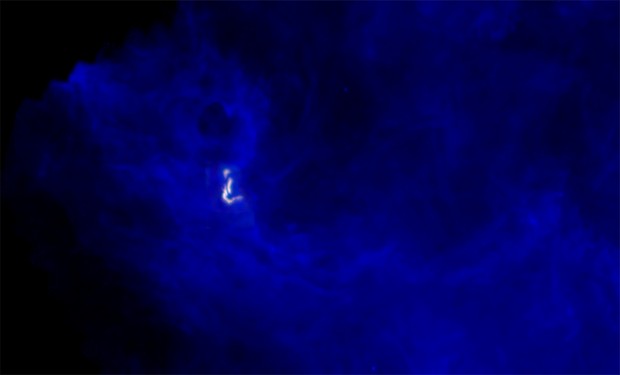 Imagem obtida pelos astrônomos revela filamentos de gás prestes a acender como estrelas, a 800 anos-luz da Terra. (Crédito: B. Saxton (NRAO/AUI/NSF))