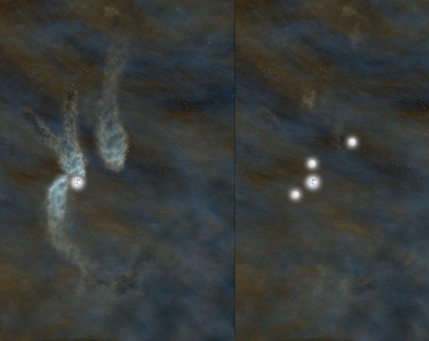 Concepção artística do sistema hoje e quando ele estiver completamente formado (Credit: B. Saxton (NRAO/AUI/NSF))