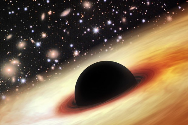 Concepção artística do quasar distante e brilhante SDSS J0100+2802, um buraco negro com massa de 12 bilhões de sóis (Crédito: Zhaoyu Li/NASA/JPL-Caltech/Misti Mountain Observatory)
