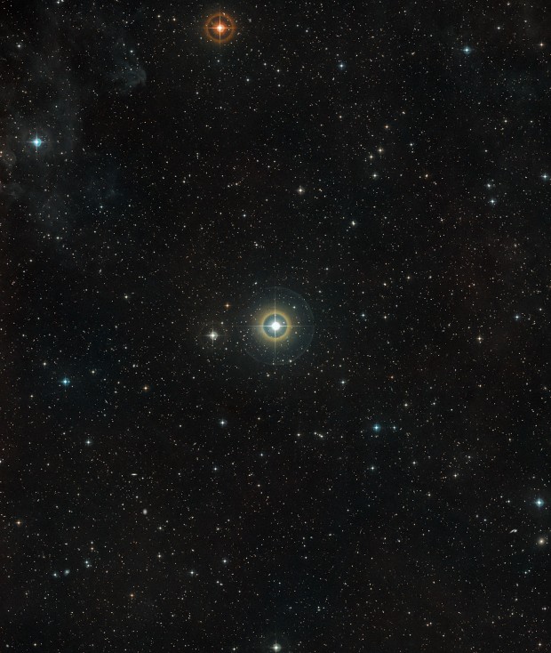 A estrela 51 Pegasi, do mesmo tipo que o Sol, localizada a cerca de 50 anos-luz de distância, na constelação do Pégaso (Crédito: ESO)