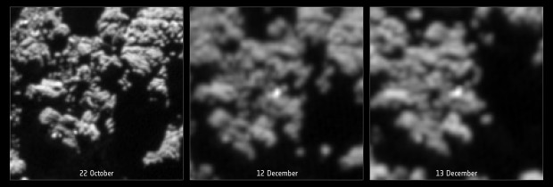 Imagens de antes e depois do pouso revelam um ponto brilhante que pode ser o módulo Philae. Ou não. O futuro dirá. (Crédito: ESA)