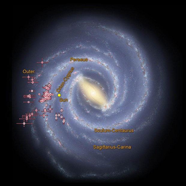 A Via Láctea e a posição de cerca de 100 aglomerados estelares estudados pelo grupo brasileiro. (Crédito: Nasa/JPL-Caltech/UFRGS)