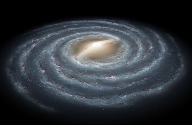 Concepção artística da Via Láctea; o círculo amarelo indica a posição do Sistema Solar. Simulação sugere que há mais propensão para vida inteligente nas regiões mais centrais da galáxia (Crédito: Nasa)