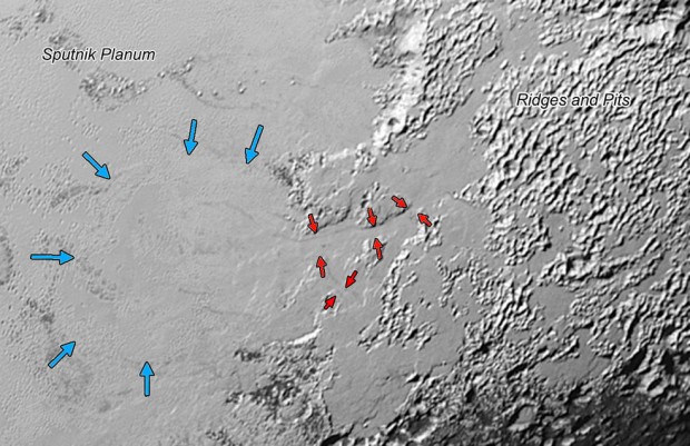 E os fluxos de gelo de nitrogênio indicados no recorte. (Crédito: Nasa)