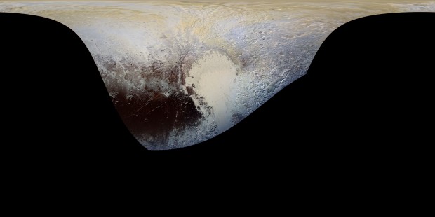 Mapa do hemisfério visível de Plutão durante a aproximação máxima. Se você não clicar na foto, vai se arrepender (Crédito: Nasa)