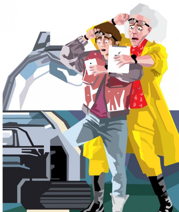 Great Scott! Marty McFly está chegando hoje a 2015, vindo direto de 1985! Pode isso, Arnaldo? (Crédito: Editoria de Arte/Folhapress)