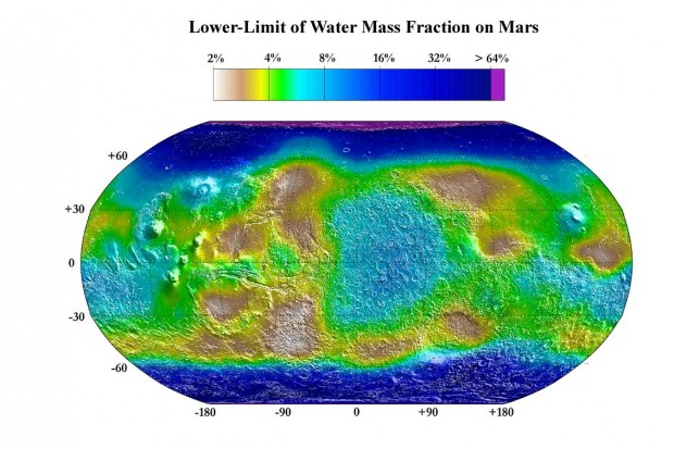 Concentração estimada de gelo de água no primeiro metro de solo marciano, como medido pela Mars Odyssey (Crédito: Nasa)