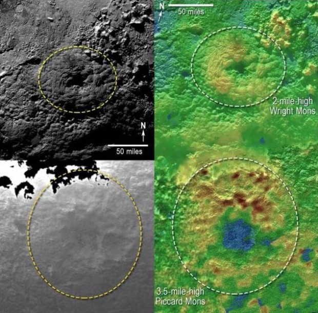 Montanhas vistas ao sul da Sputnik Planum, em Plutão, parecem ter caldeiras, como vulcões. (Crédito: Nasa)