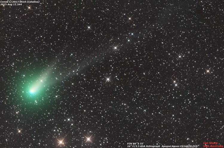 O cometa Catalina registrado pelo astrônomo Ian Sharp com um telescópio na Austrália (Crédito: Ian Sharp)