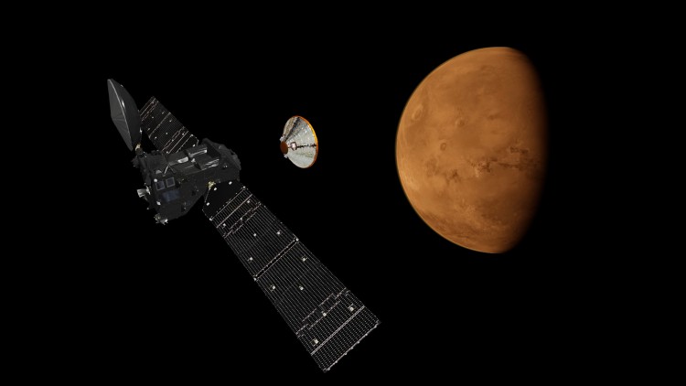 Concepção artística do Gas Trace Orbiter e do módulo de pouso Schiaparelli, da missão ExoMars 2016 (Crédito: ESA)