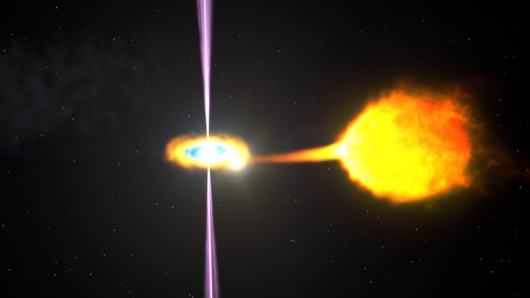 O pulsar, apesar de menor, tem muito mais massa, e rouba matéria da vizinha, por vezes até destruí-la (Crédito: Nasa)