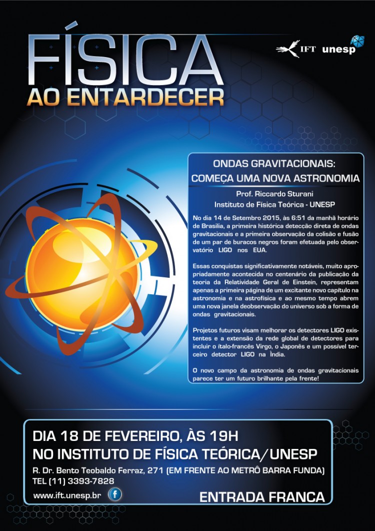 Flyer da palestra de Riccardo Sturani sobre ondas gravitacionais (não é preciso levar um desses para comparecer; é só chegar chegando). (Crédito: Unesp)