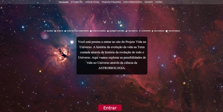 Página de abertura do site do Projeto Vida no Universo (Crédito: Projeto ViU)