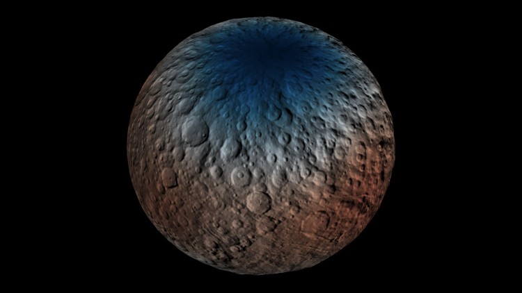 Medições do instrumento GRaND indicam presença de gelo de água no subsolo de Ceres, principalmente nas regiões polares. (Crédito: Nasa)