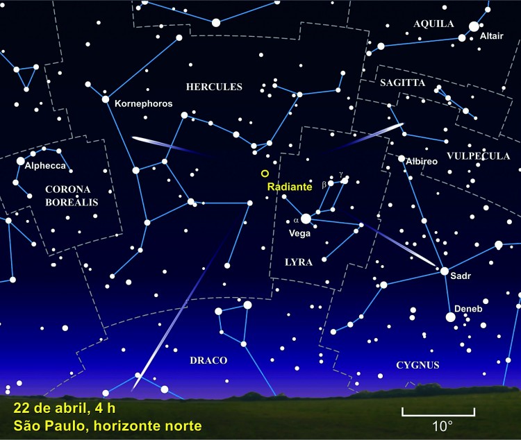 O radiante dos Lirídeos aparece no céu na madrugada, ao norte, na virada do dia 22 para o 23. (Crédito: Julio Cesar Klafke)