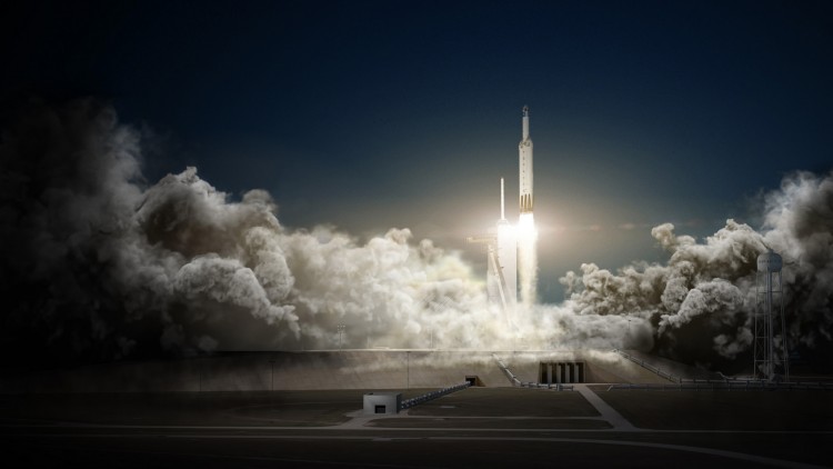 Concepção artística do Falcon Heavy, que deve ter seu primeiro lançamento até o fim do ano. (Crédito: SpaceX)