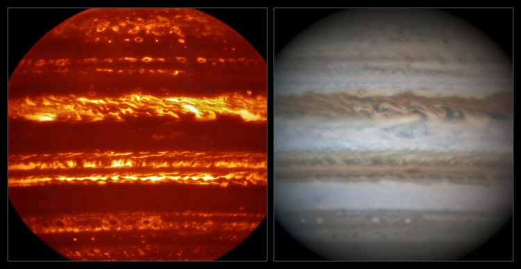 Imagem em infravermelho de Júpiter captada pelo VISIR, instrumento do VLT, e uma equivalente em luz visível, colhida pelo astrônomo amador Damian Peach (Crédito: ESO)