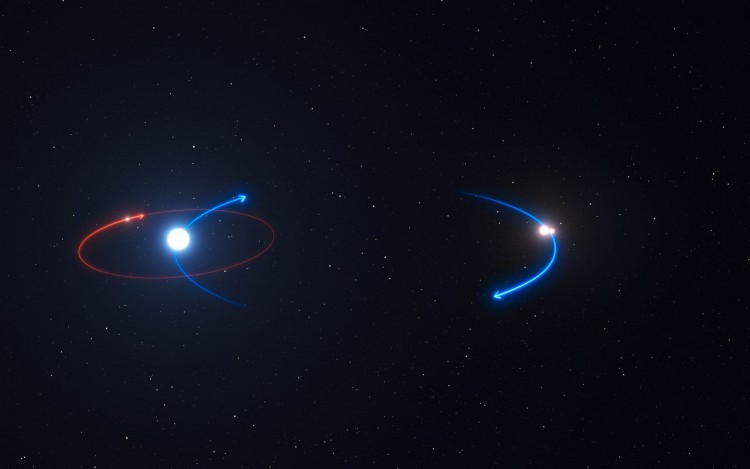 Gráfico mostra os movimentos das estrelas e do planeta; uma dança gravitacional complexa, que tornaria muito difícil o planeta existir de maneira estável por longos períodos (Crédito: ESO)