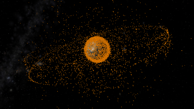 Concepção artística dos detritos espaciais monitorados constantemente pelas agências espaciais para evitar colisões (Crédito: ESA)