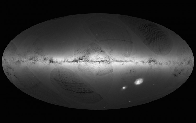 Primeiro mapa celeste do Gaia. Há pequenas falhas de cobertura que serão eliminadas com o acúmulo de dados da missão (Crédito: ESA)