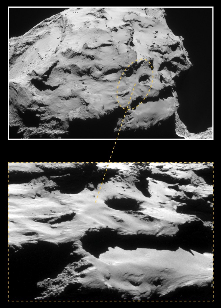 Elipse de 700 m por 500 m onde ocorrerá o pouso da Rosetta nesta sexta-feira (Crédito: ESA)