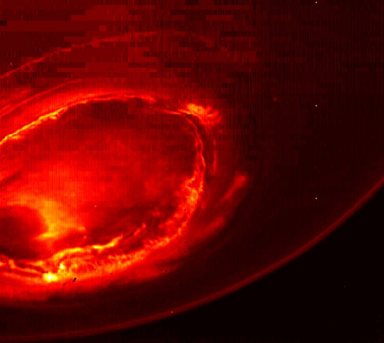 As auroras do polo Sul de Júpiter, fotografadas pela JIRAM, em infravermelho (Crédito: Nasa)