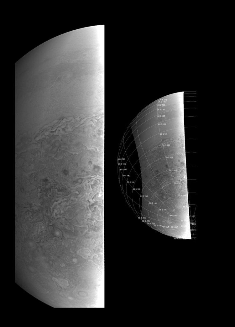 Imagem colhida pela JunoCam do polo Sul de Júpiter, a uma distância de 38 mil km. (Crédito: Nasa)