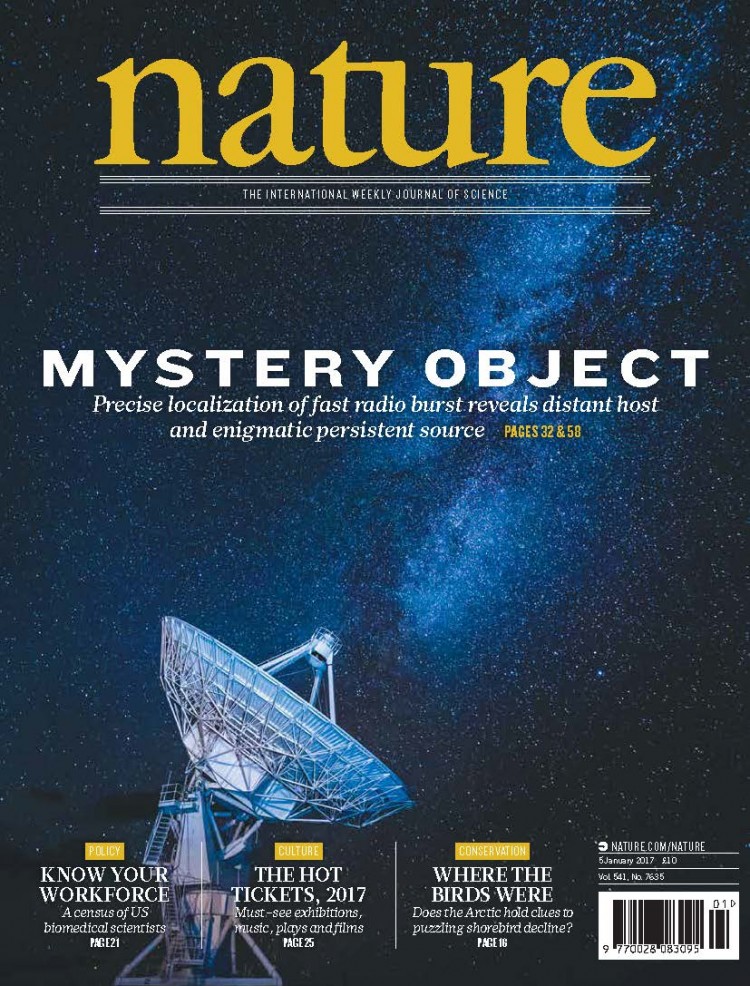 Capa da revista "Nature" com o estudo do FRB121102 (Crédito: Nature)