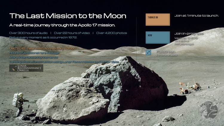 Página de abertura do site Apollo17.org, que recria a última missão lunar em tempo real.