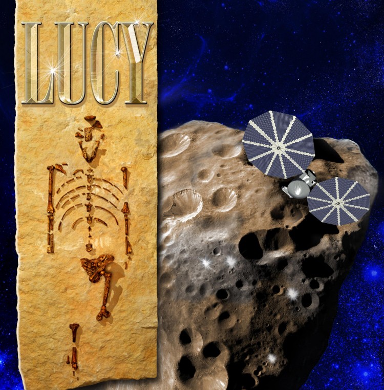 Arte mostra a espaçonave Lucy e o fóssil que lhe inspirou o nome. (Crédito: SWRI)