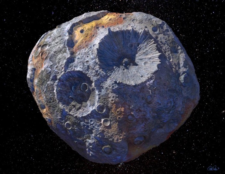 Concepção artística do misterioso asteroide metálico Psique (Crédito: ASU)