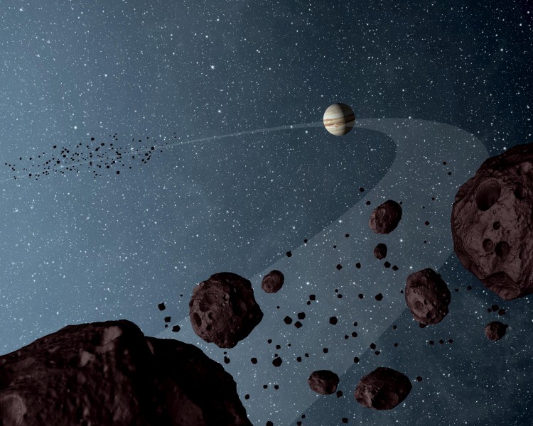 Concepção artística dos troianos nos pontos L4 e L5 Sol-Júpiter. (Crédito: Nasa)